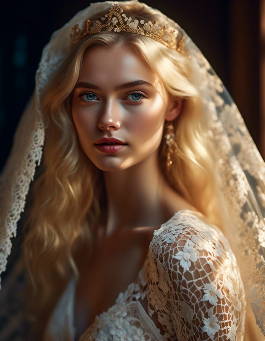 Blonde Woman in Lace Wedding Dress Portrait