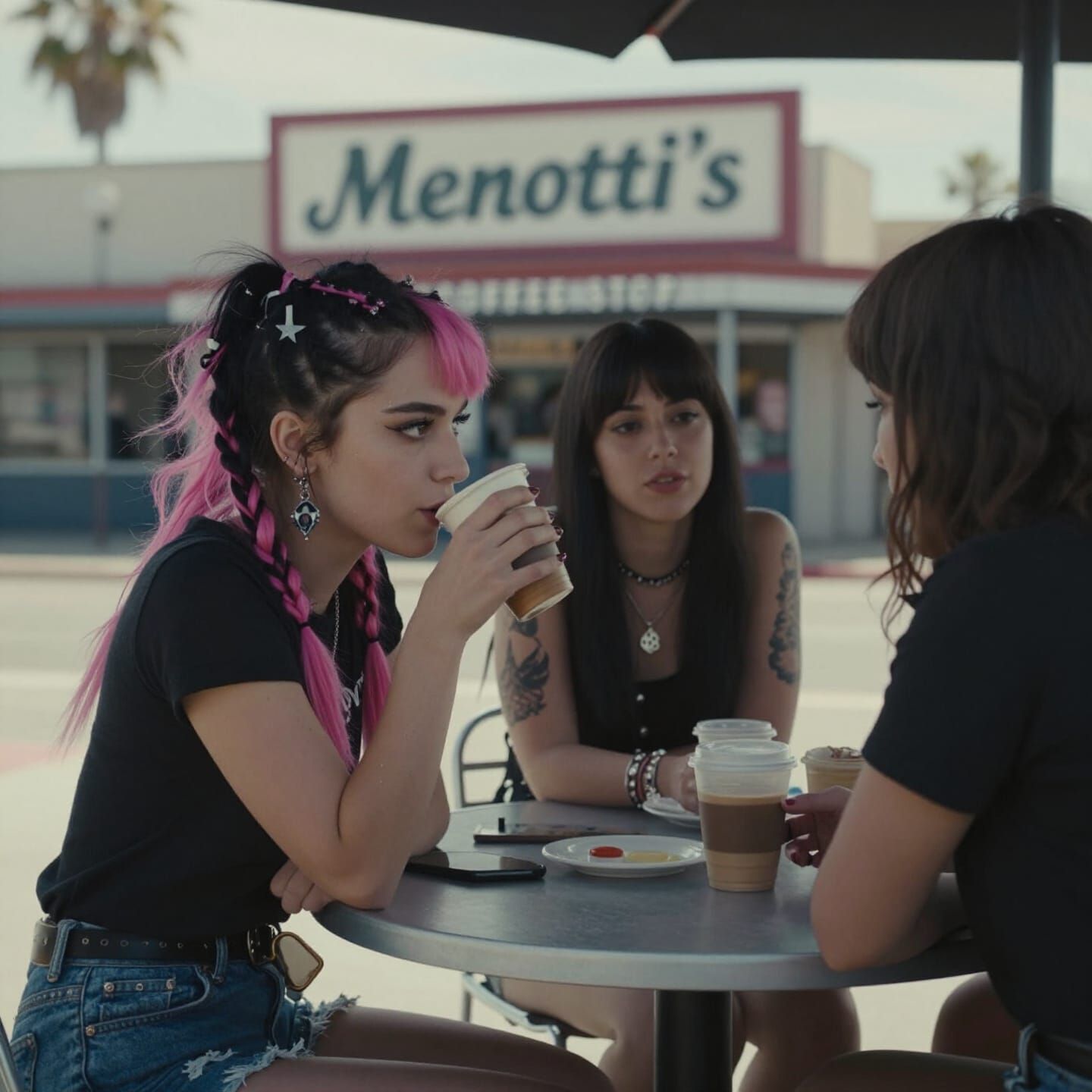 Punk Girl Enjoys Coffee Outside Venice Beach Cafe