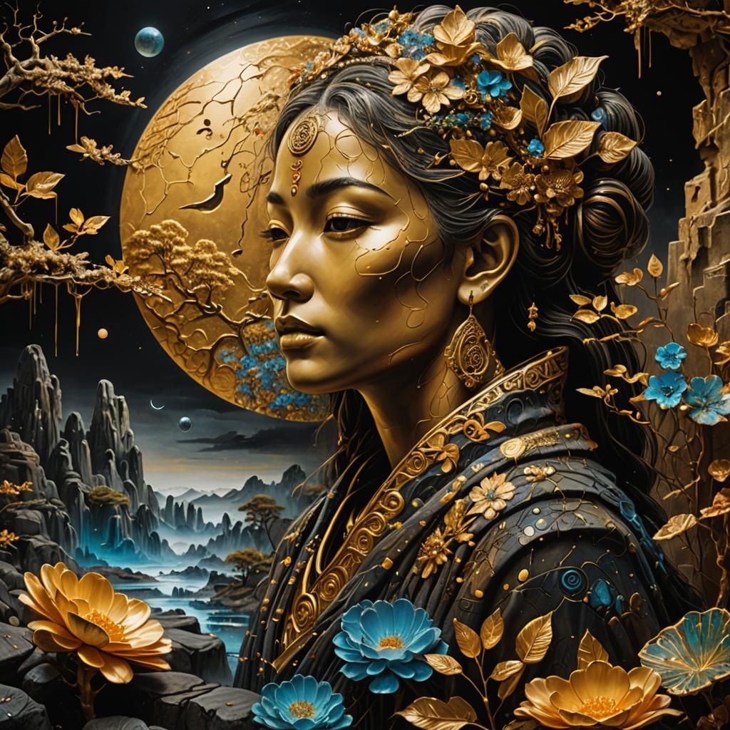 Golden Zen Landscape in Psychedelic Style