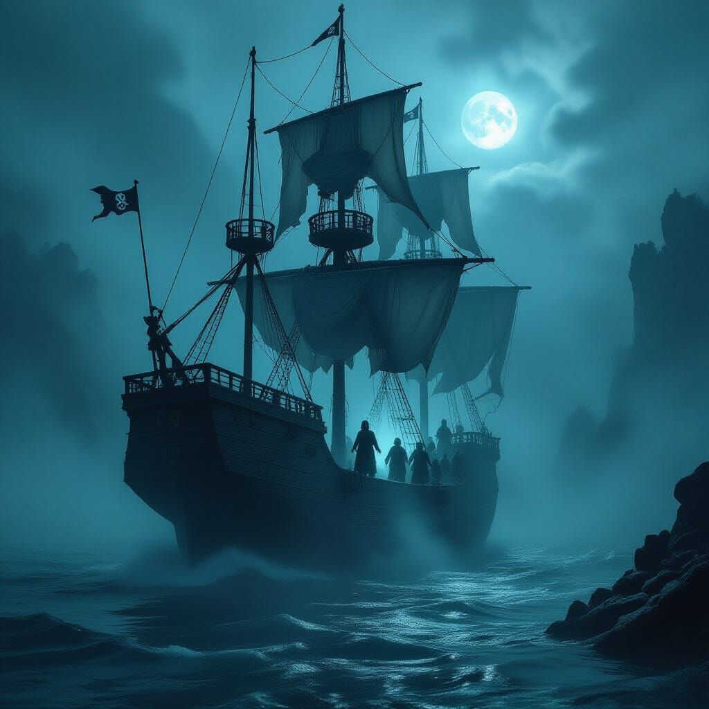 Haunted Pirate Ship Sails Silently Through Misty Sea