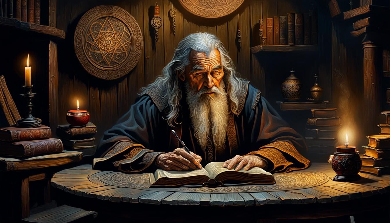 Mystical Wizard Studying Book: Dark Academia Oil Painting