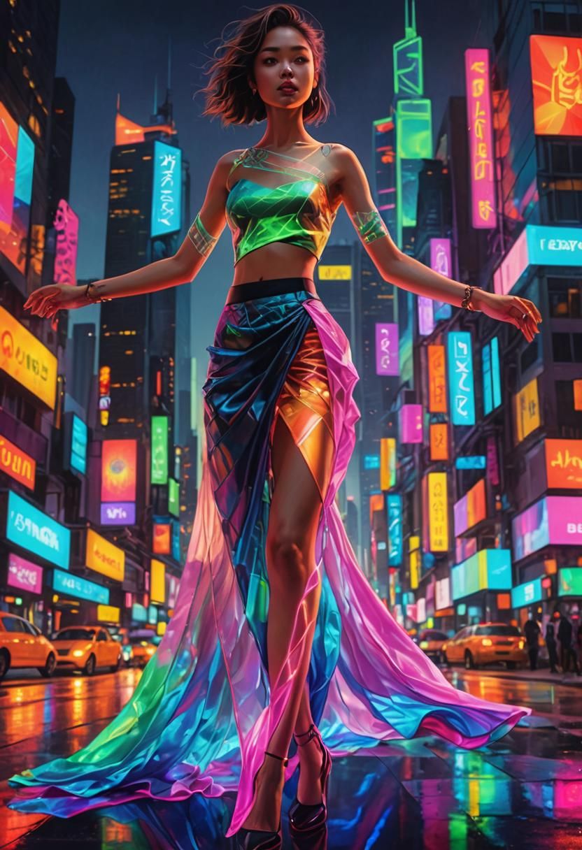 Girl in Neon Cityscape: Realistic Anime Style