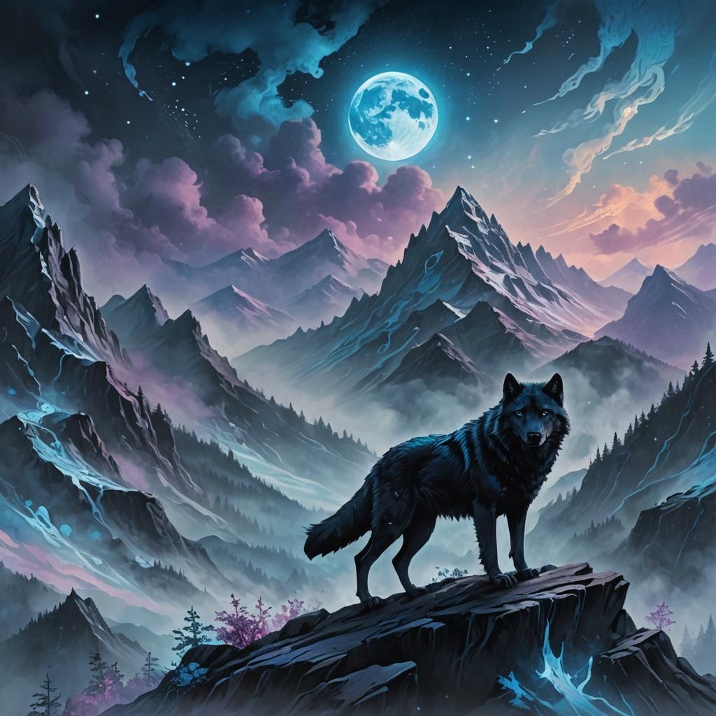 Lone Wolf on Misty Peak: Dark Fantasy Art