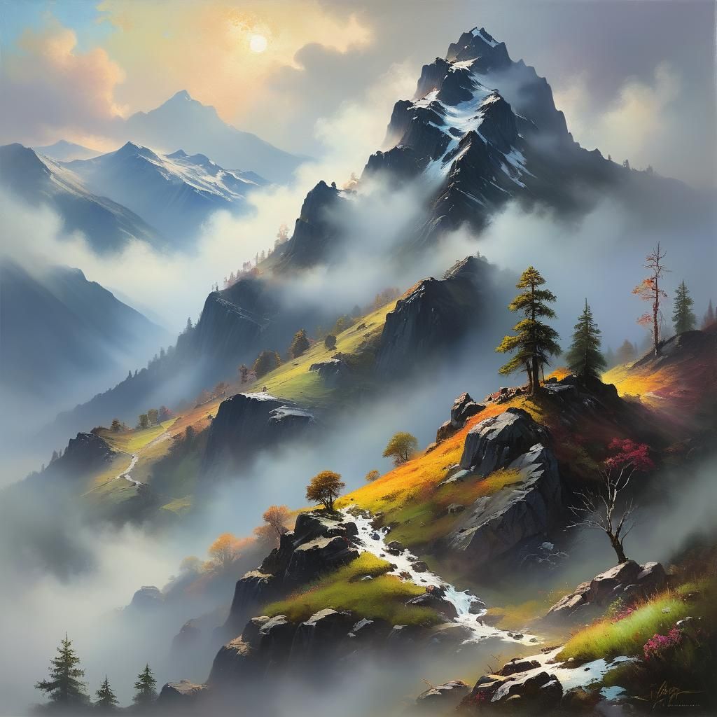 Misty Mountain Landscape in Rembrandt Style