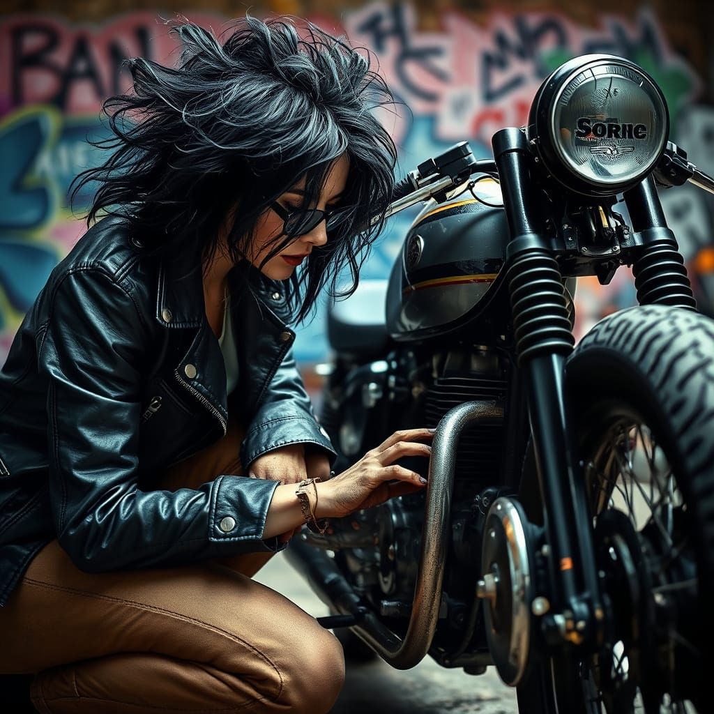 Rebellious Mechanic in Gritty Futuristic Garage