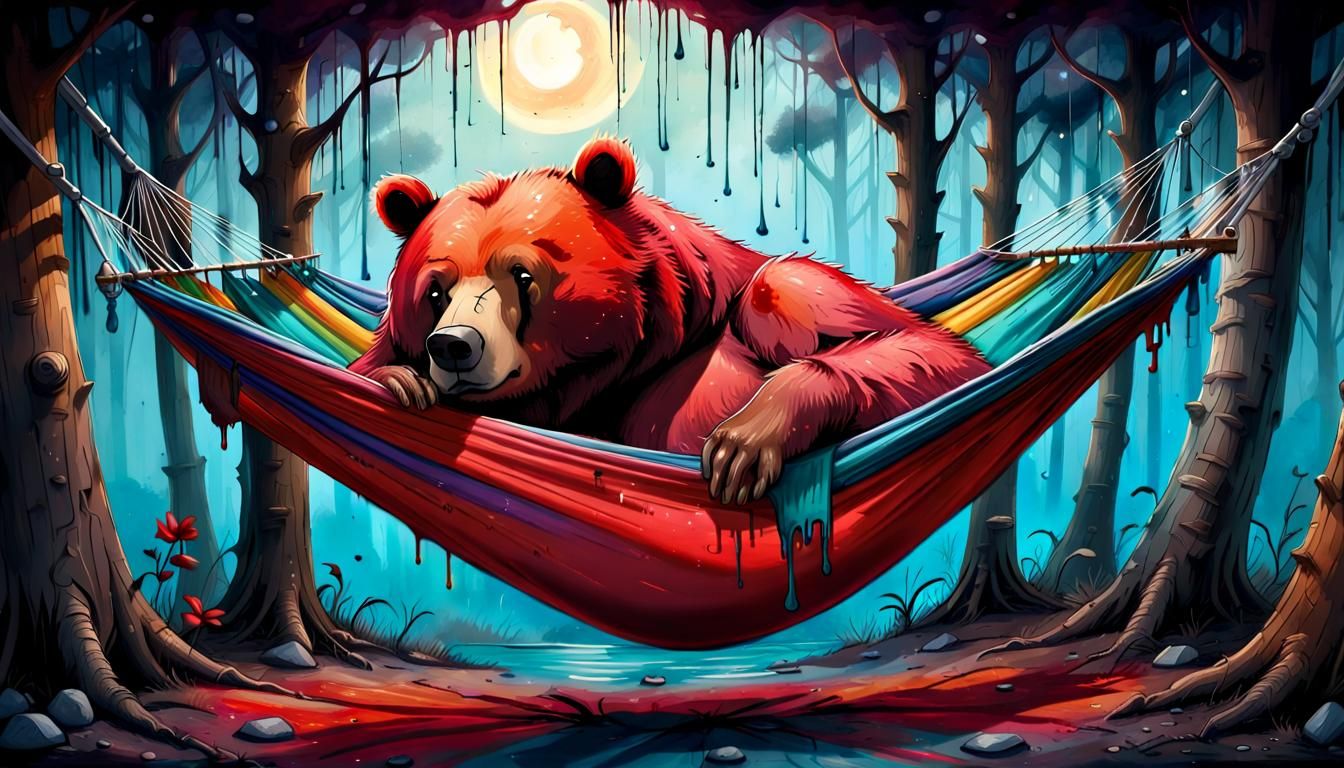 Vibrant Red Bear Slumps in Hamock, Street Art Style