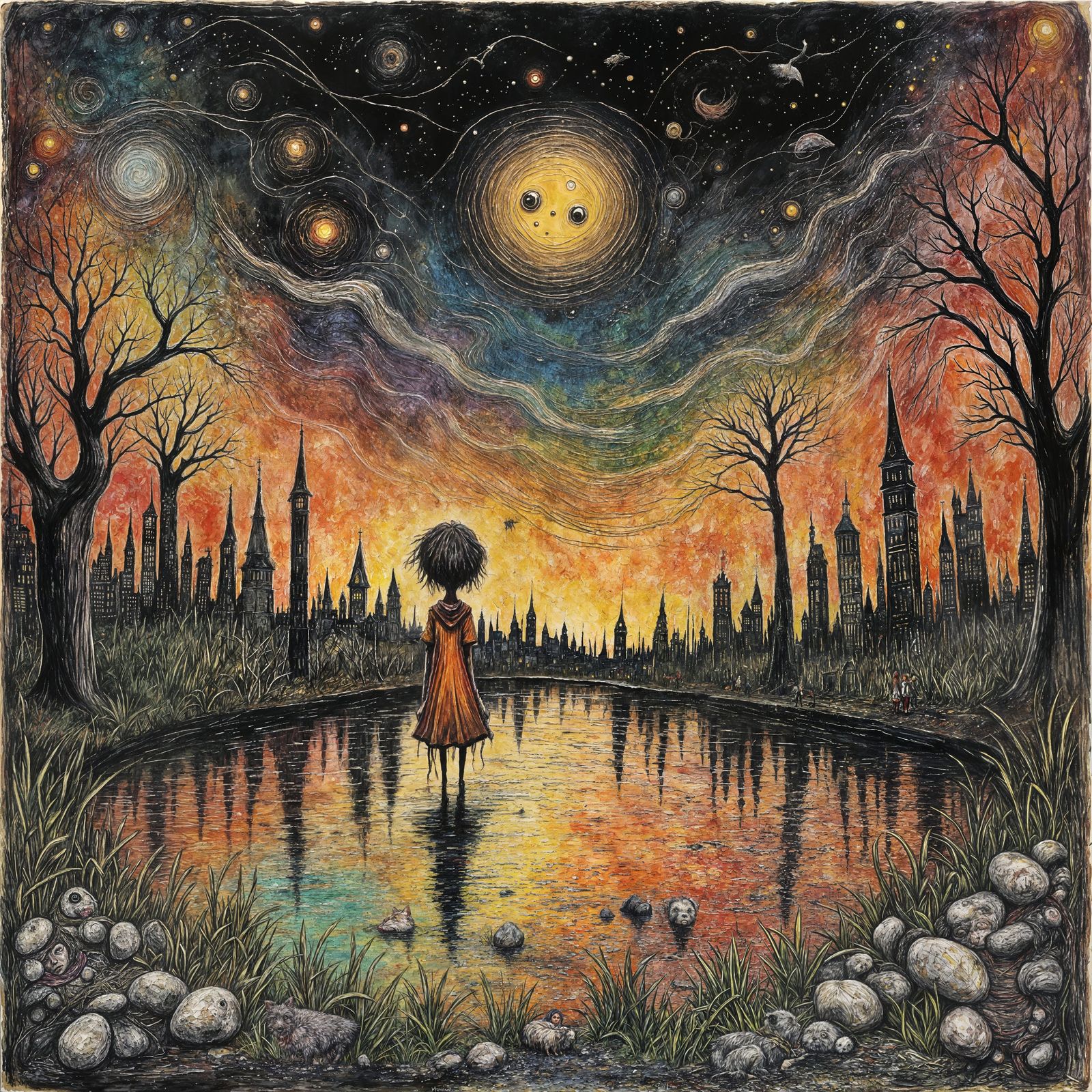 Post-Apocalyptic Wanderer with Dog in Whimsical Cityscape