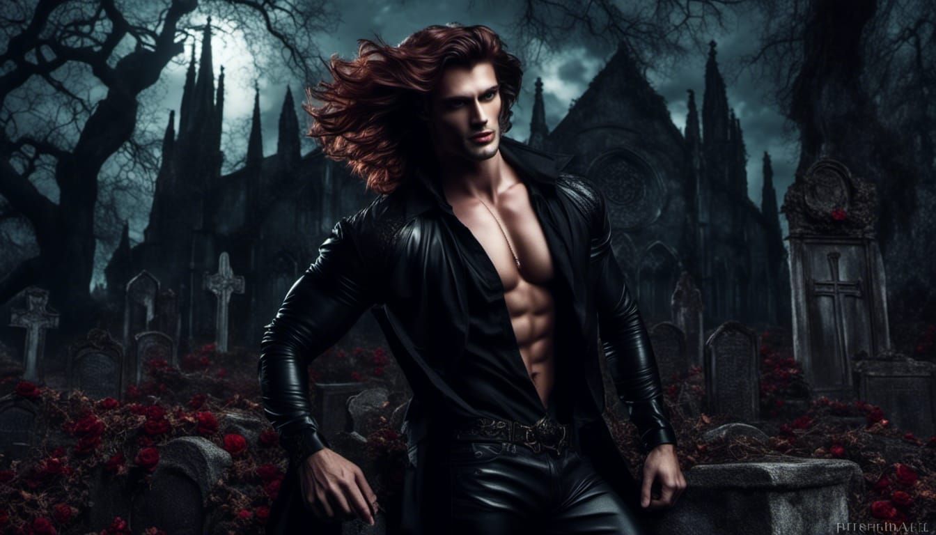 Red-Haired Vampire in Stormy Graveyard by Moonlight