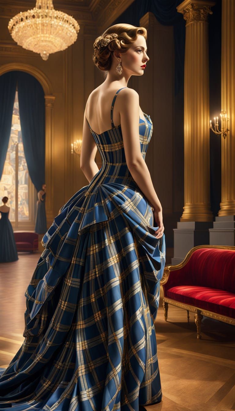 Woman in Plaid Gown at the Opera, Klimt Aesthetic