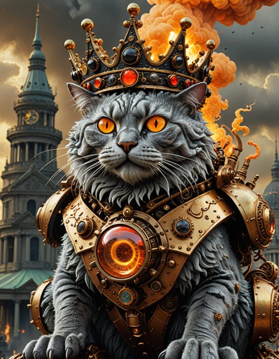 Steampunk Cat King Crowned on Throne Amidst City Destruction