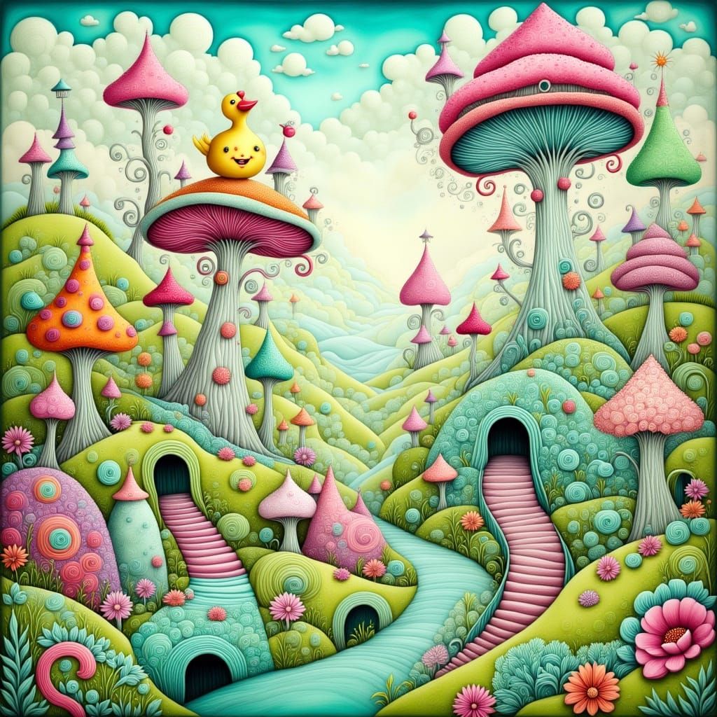 Whimsical Landscape with Giant Mushrooms in Dreamlike Style