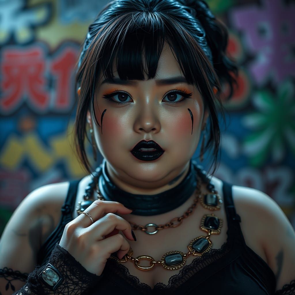 Goth Japanese Woman with Bold Makeup, Hyperrealistic Art