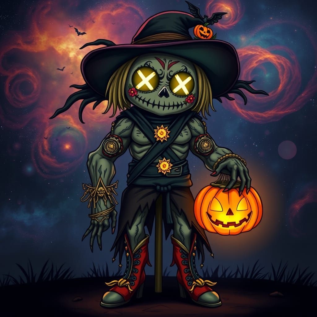 Muscular Scarecrow with Jack-o'-Lantern in Cosmic Setting