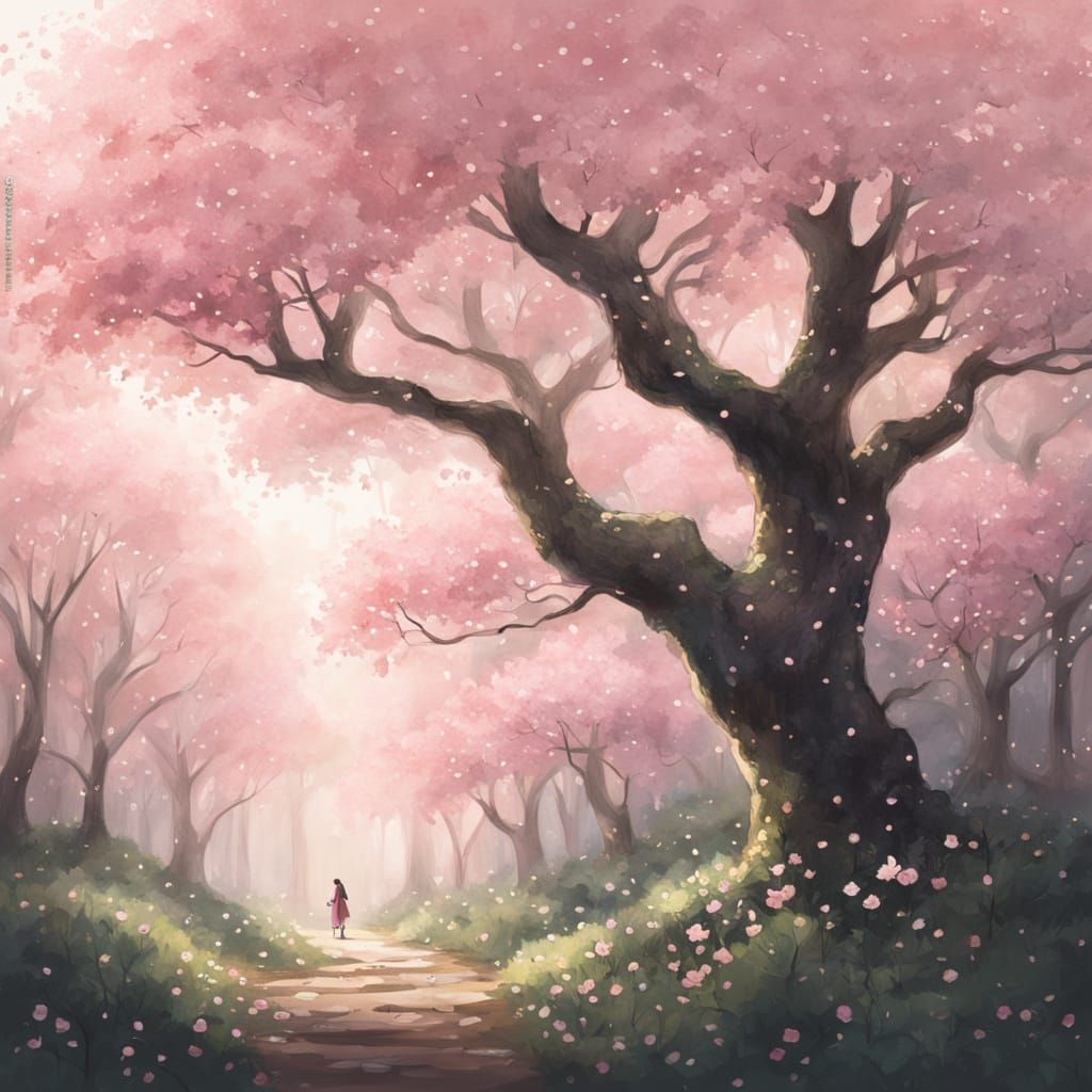 Ethereal Cherry Blossom in Forest, Watercolor Concept Art