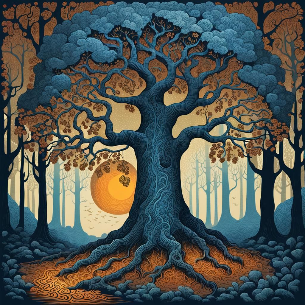 Mystical Acorn Tree in Woodcut Style