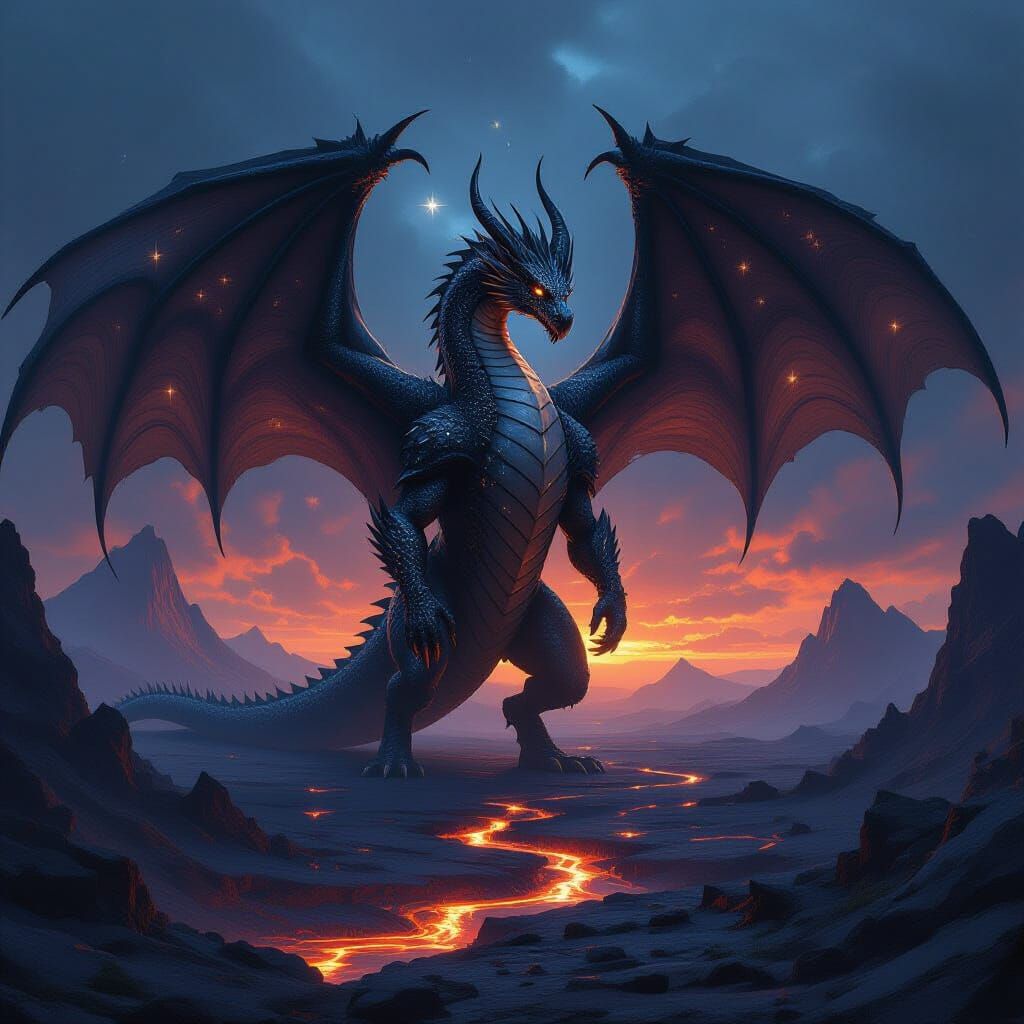 Obsidian Dragon Unveils Wings over Volcanic Wasteland