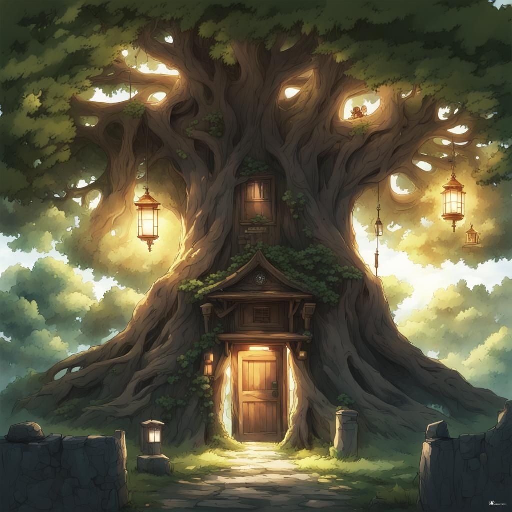 Giant Tree with Door and Lantern in Anime Style