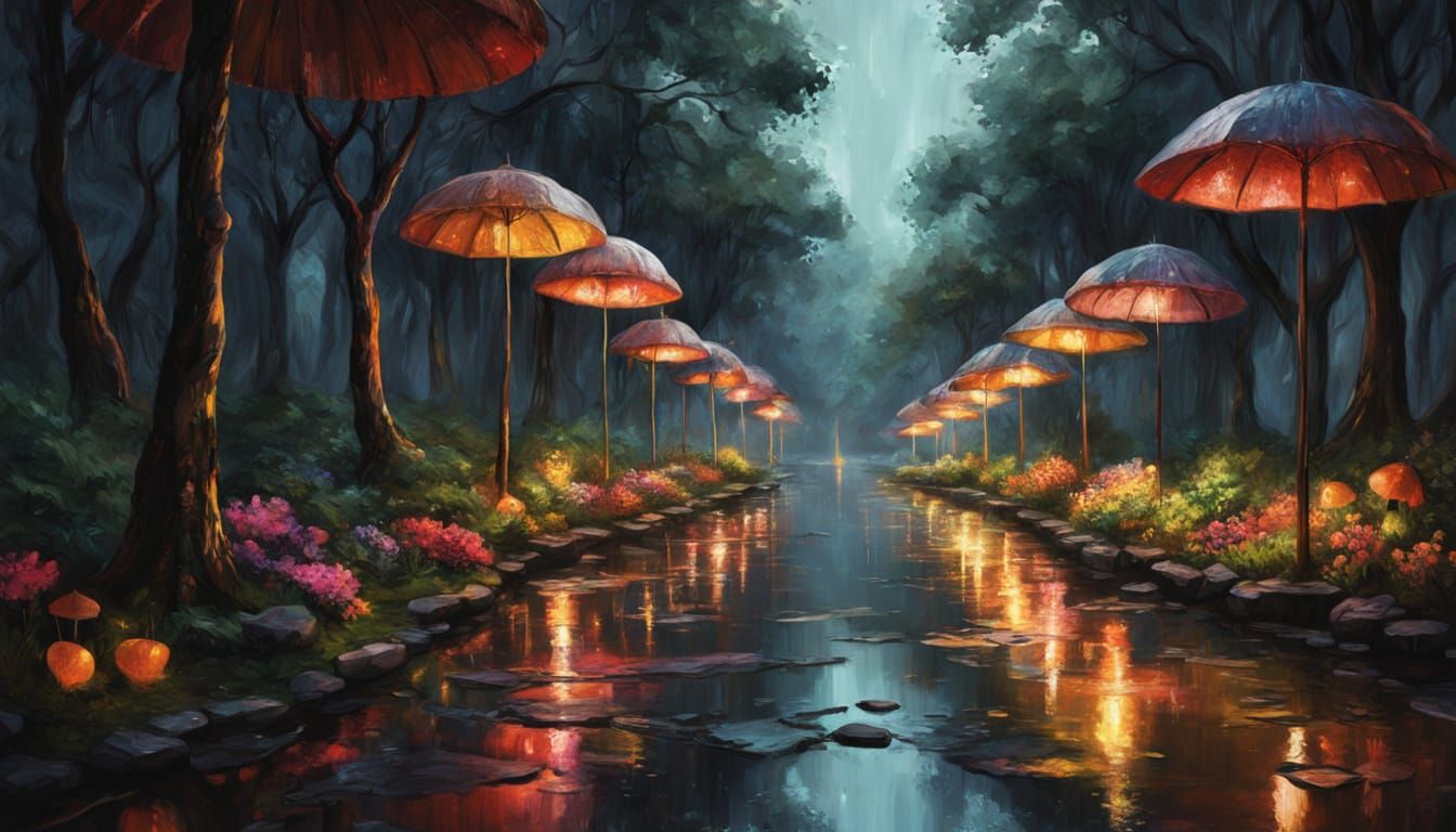 Vibrant Umbrella Trees Line a Whimsical Walking Path in a Dr...