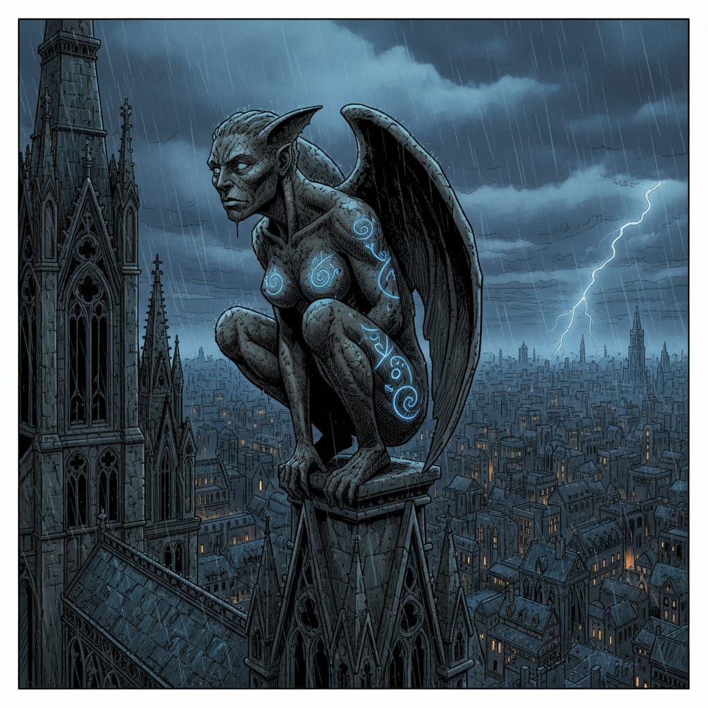 Sentient Gargoyle on Gothic Cathedral in Chiaroscuro Style