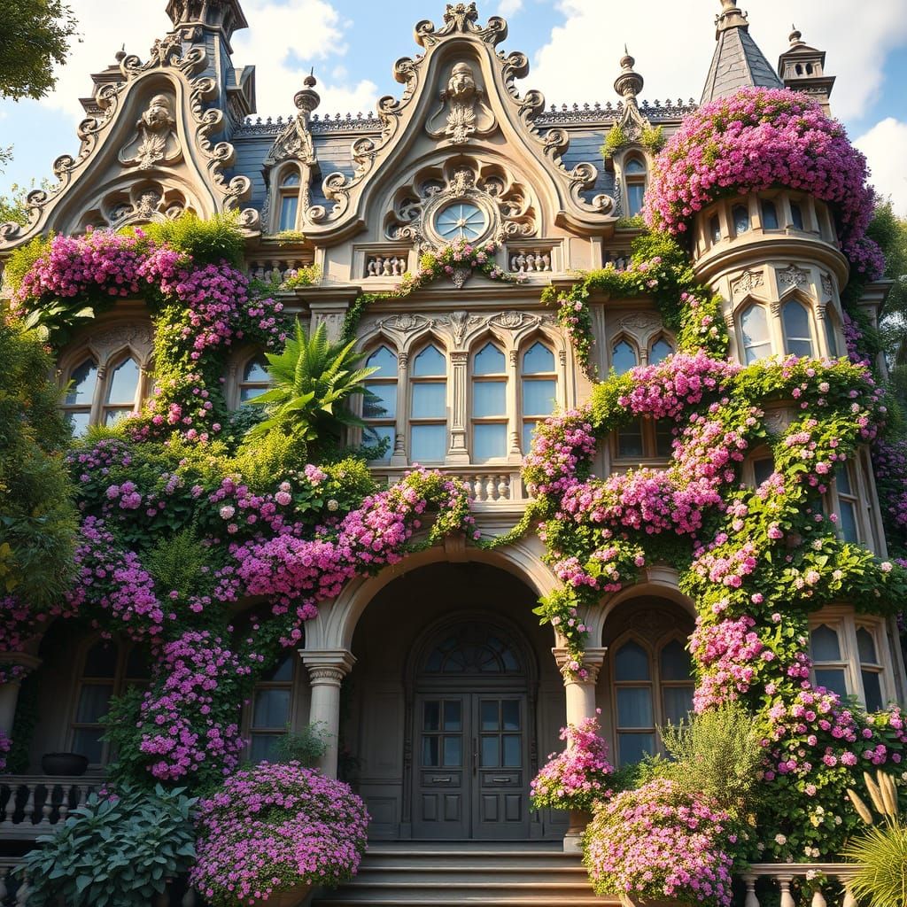 Whimsical Building Transformed by Nature in Floral Fantasy