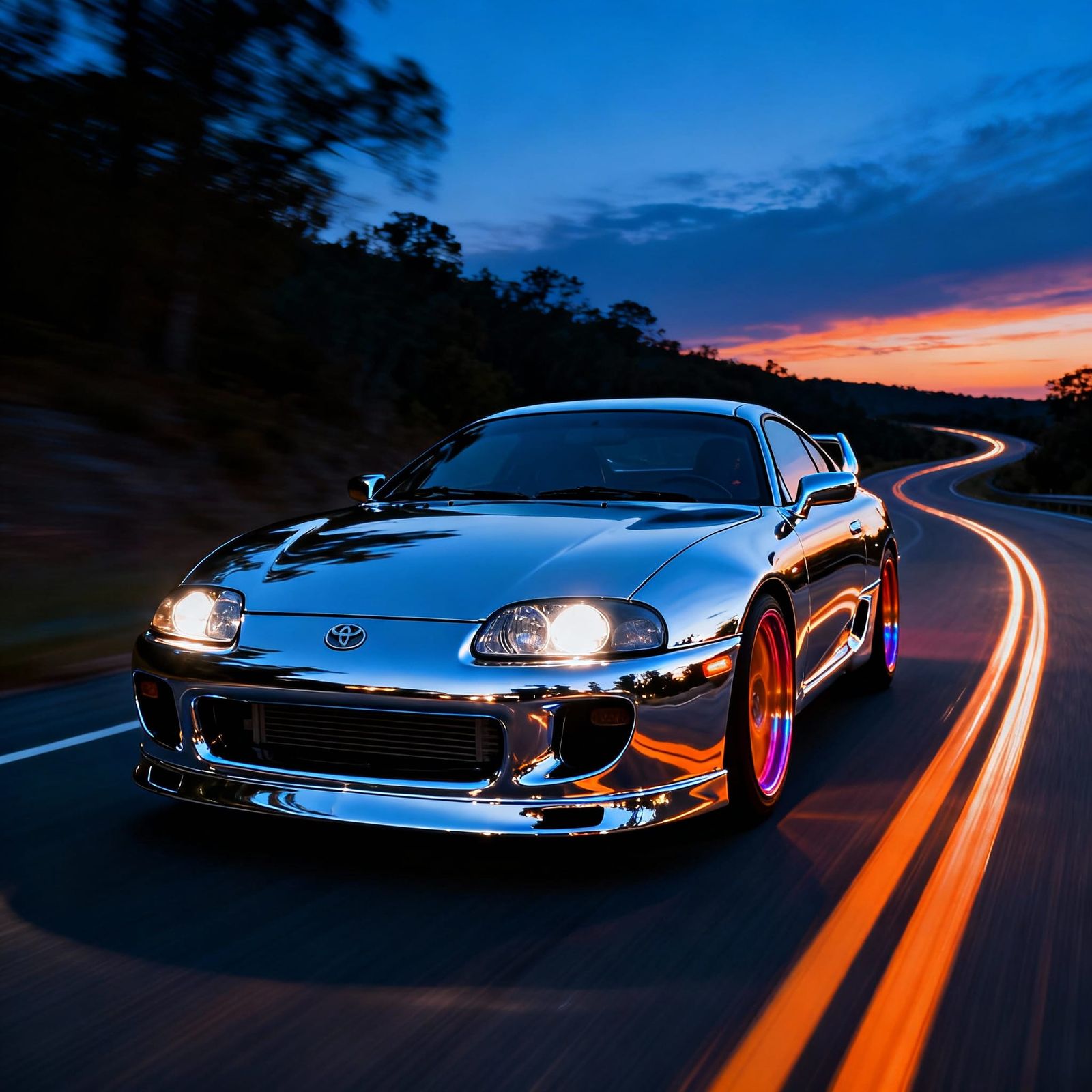 Shiny Chrome Toyota Supra Speeding at Dusk