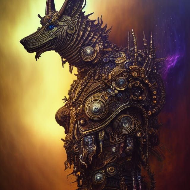 Anubis Dissolving into Fractal Iridescence