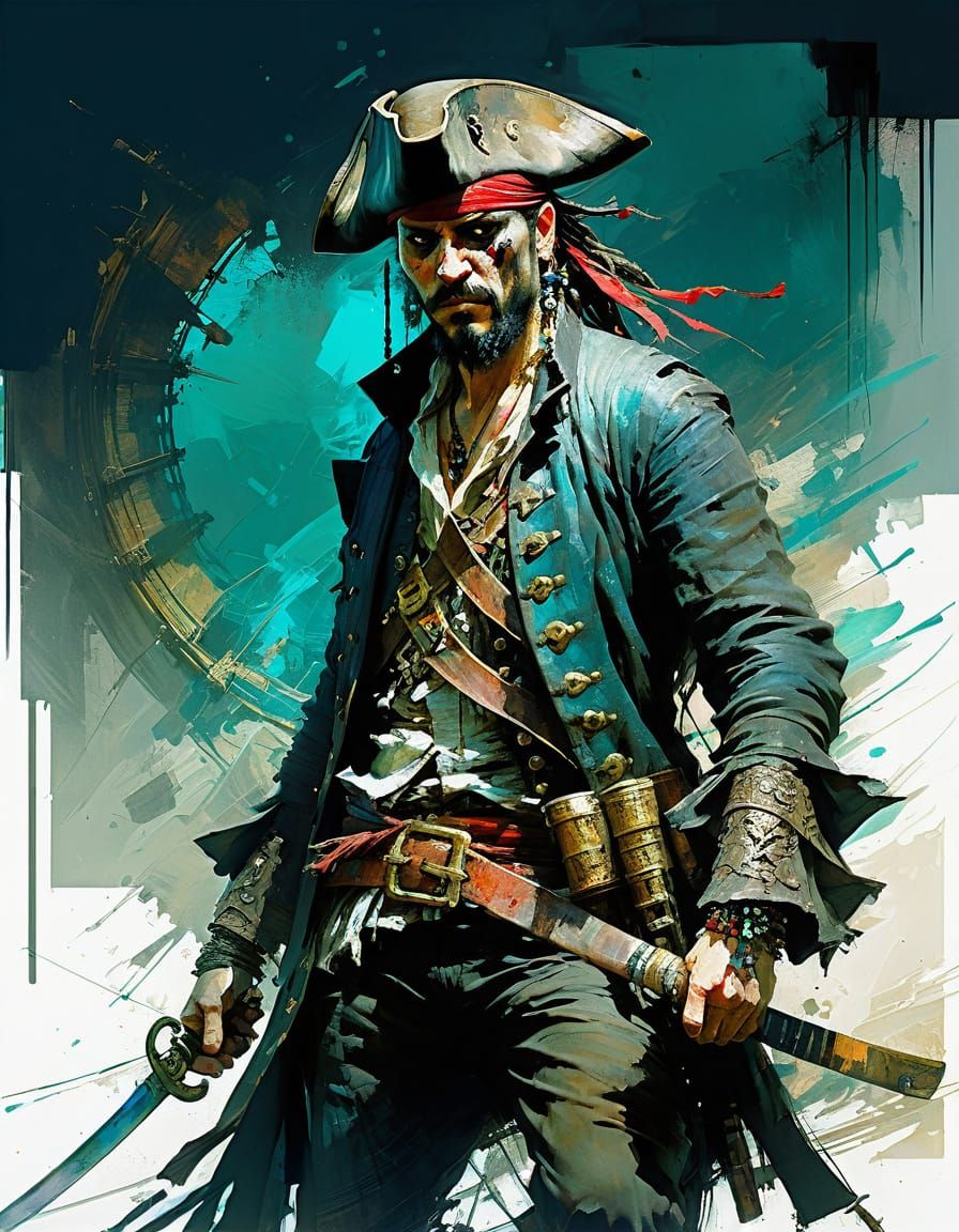 Pirate with Cutlass on Ship in Abstract Complementary Colors