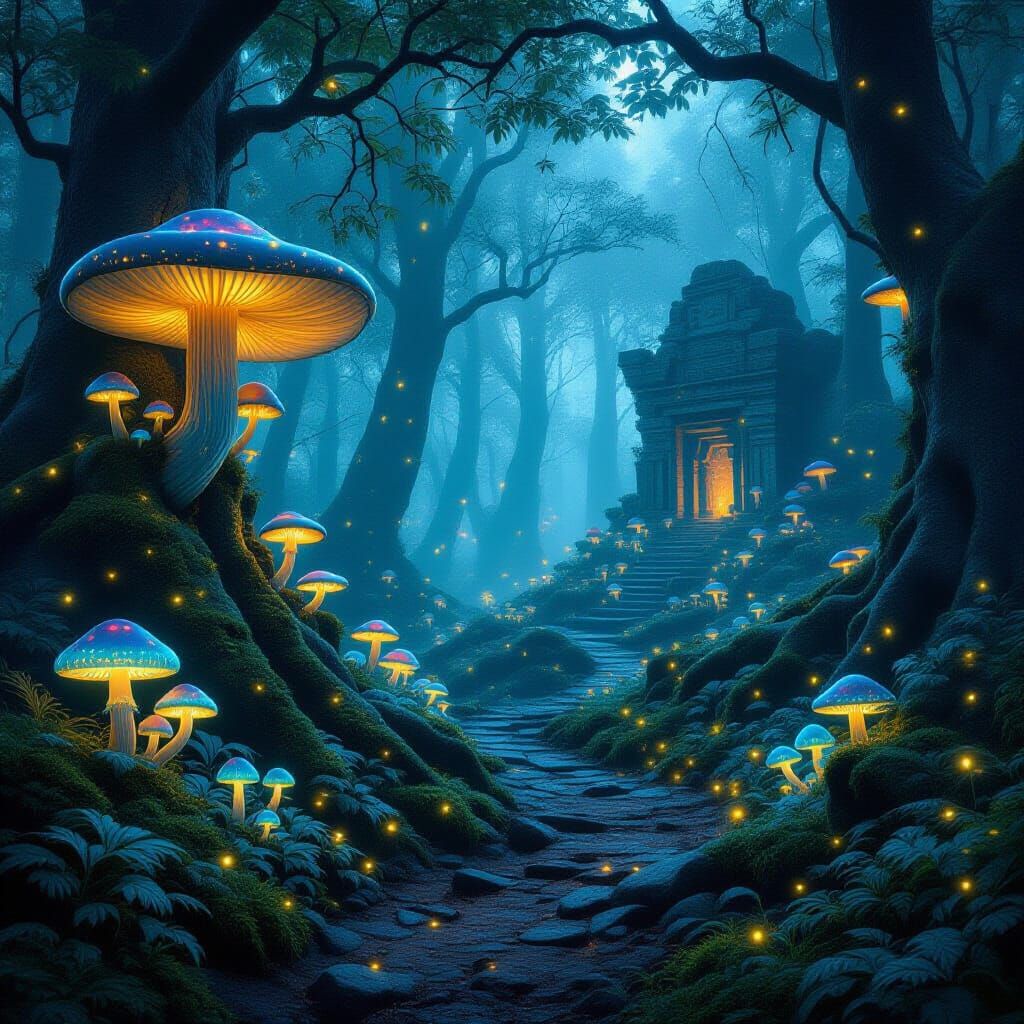 Ethereal Bioluminescent Forest with Ancient Ruins