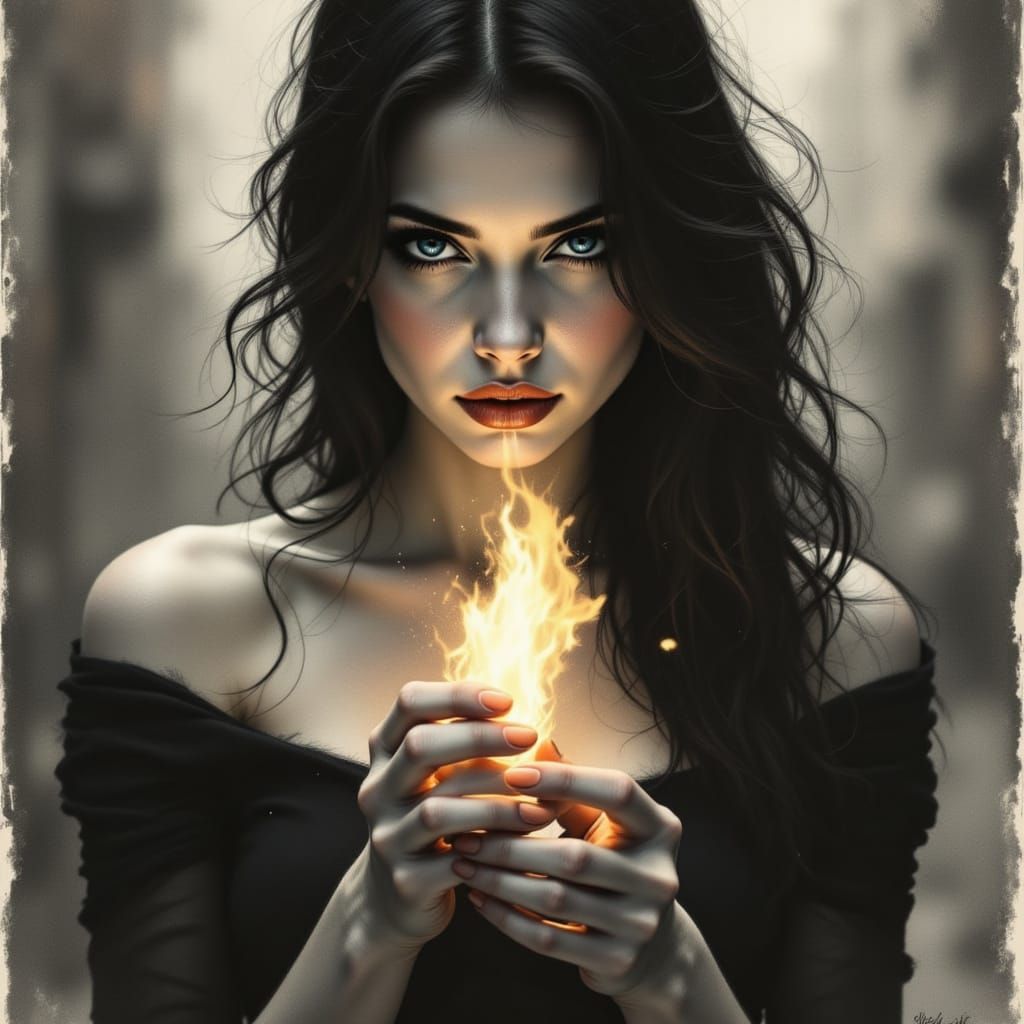 Mystical Woman Holding Flame in Charcoal Sketch