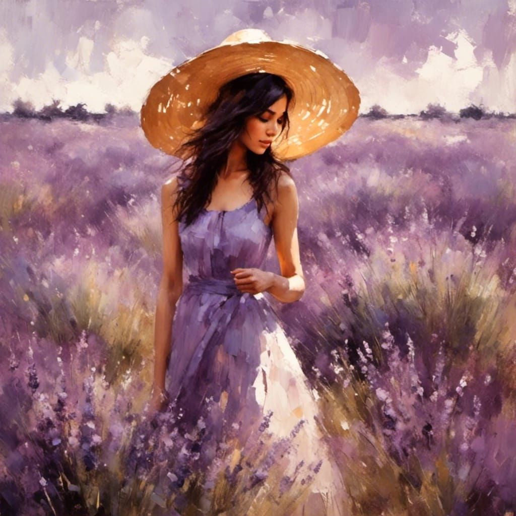 Woman in Lavender Field: Impressionistic Painting