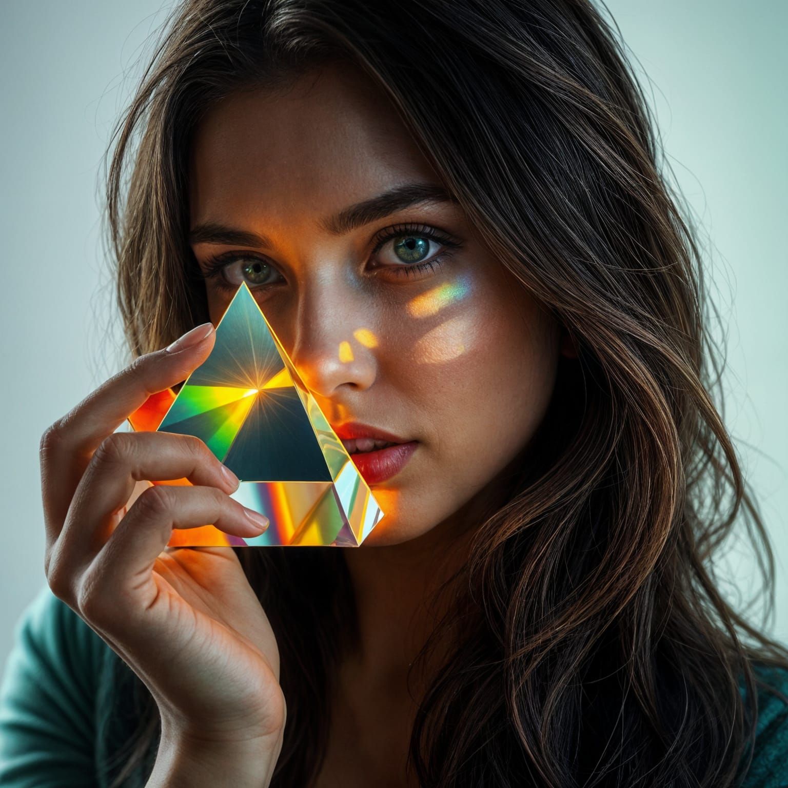 Woman Holds Prism Splitting Light into Rainbow Colors