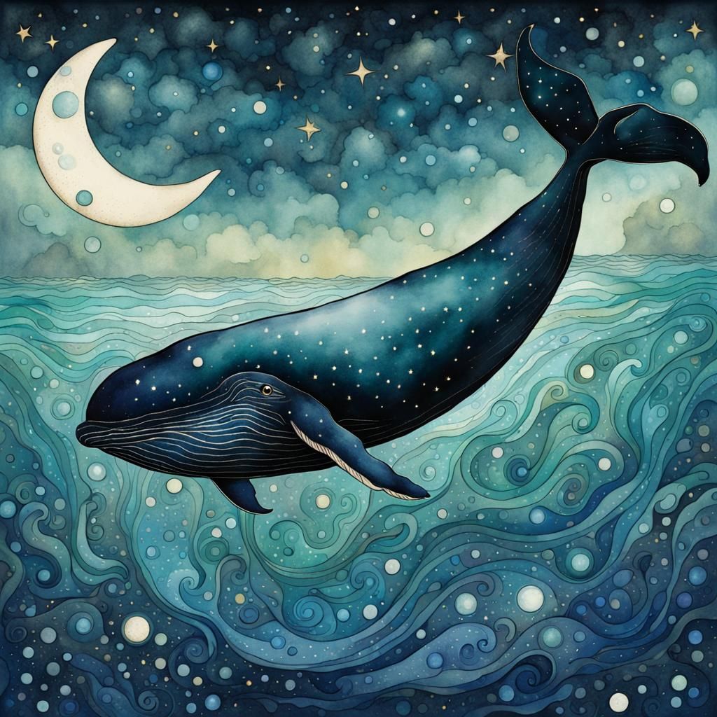 Whale in Starry Sea: Liquid Ink Watercolor Illustration