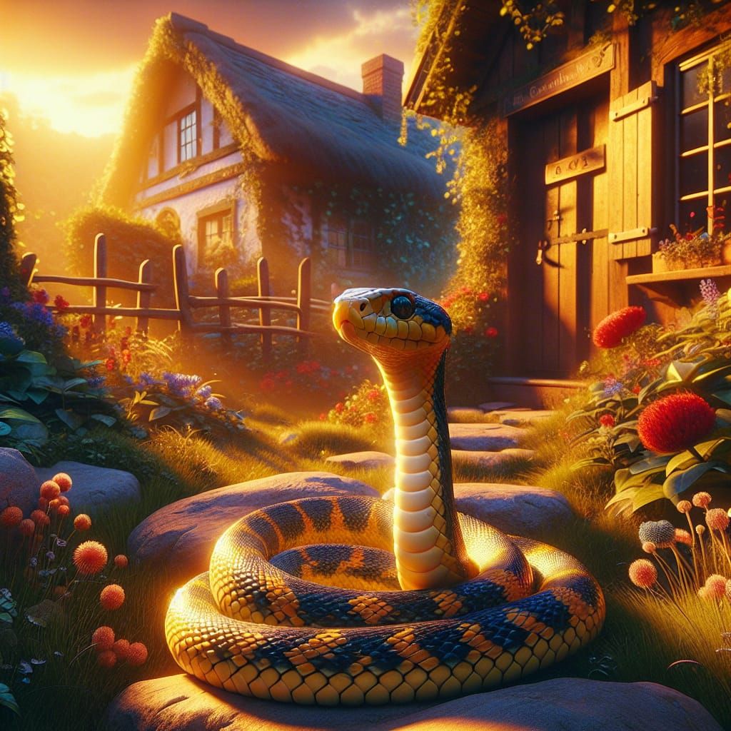 Adorable Snake in Cottage Garden at Golden Hour