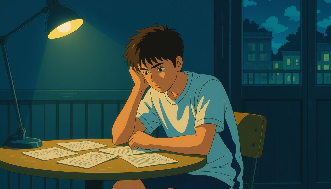 Frustrated Teenager Overwhelmed by Bills, Anime Style
