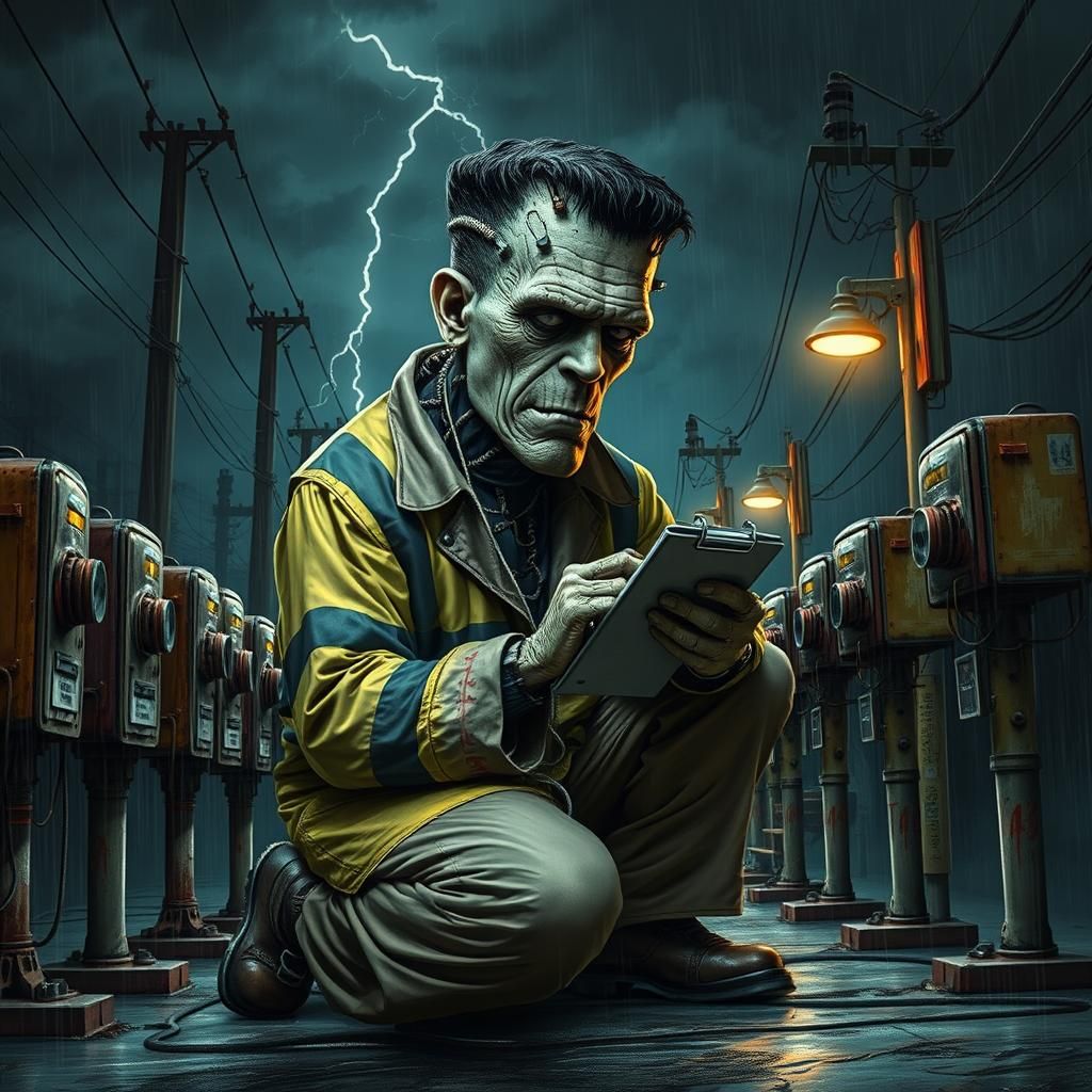 Frankenstein Meter Reader in Electric Rain