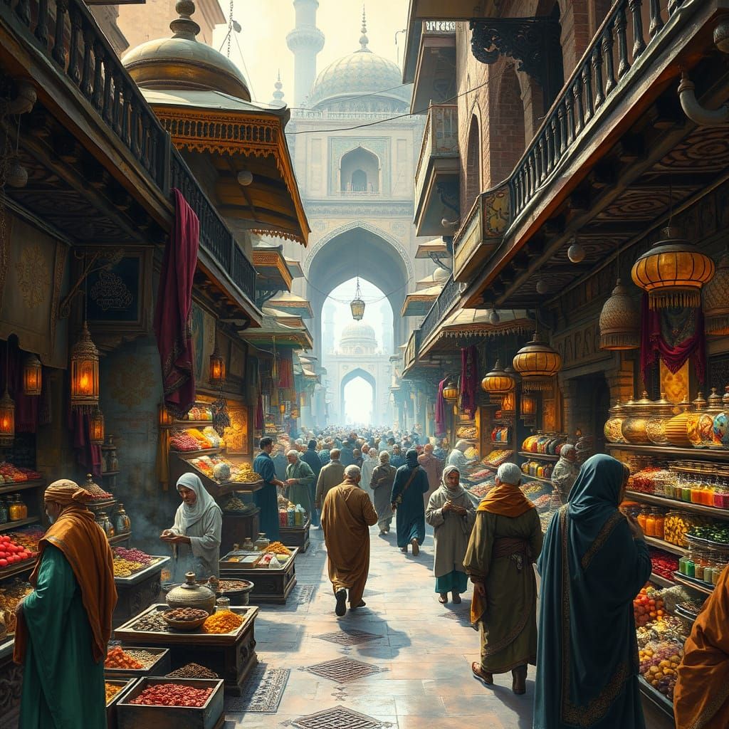 Bustling Souk in Ancient Baghdad, Matte Painting