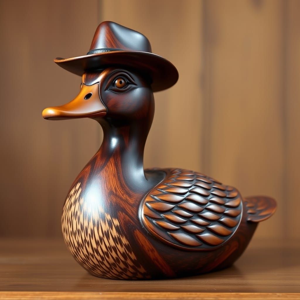 Carved Wooden Duck with Fedora and Mustache