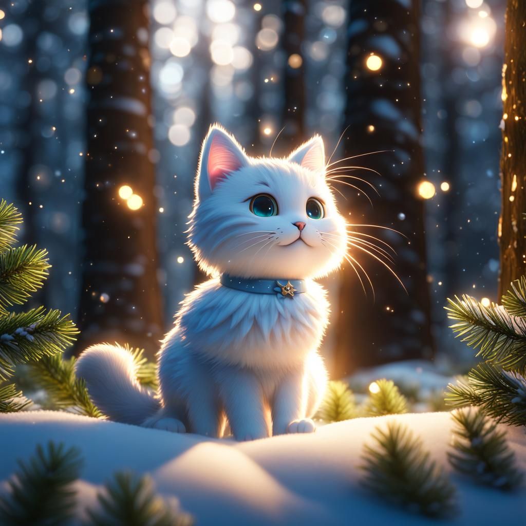 Anime Christmas Tree Cat in Snowy Forest