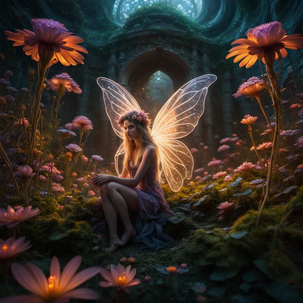 Hyperrealistic Fairy in a Magical Flower Garden