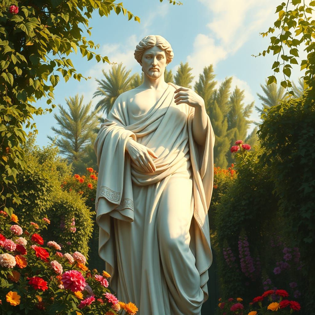 Marble Statue with Human Eyes in Lush Garden