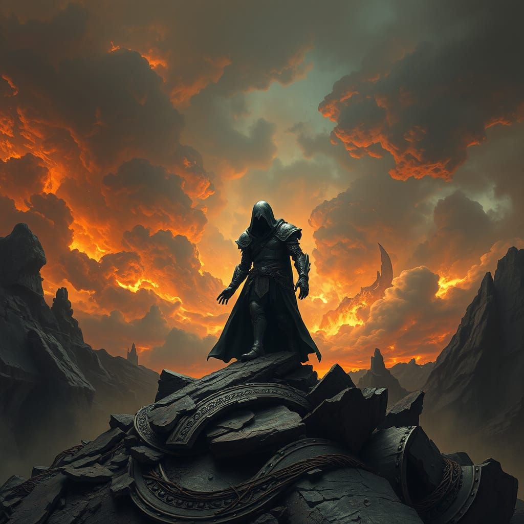 Dystopian Armored Figure in a Barren Landscape