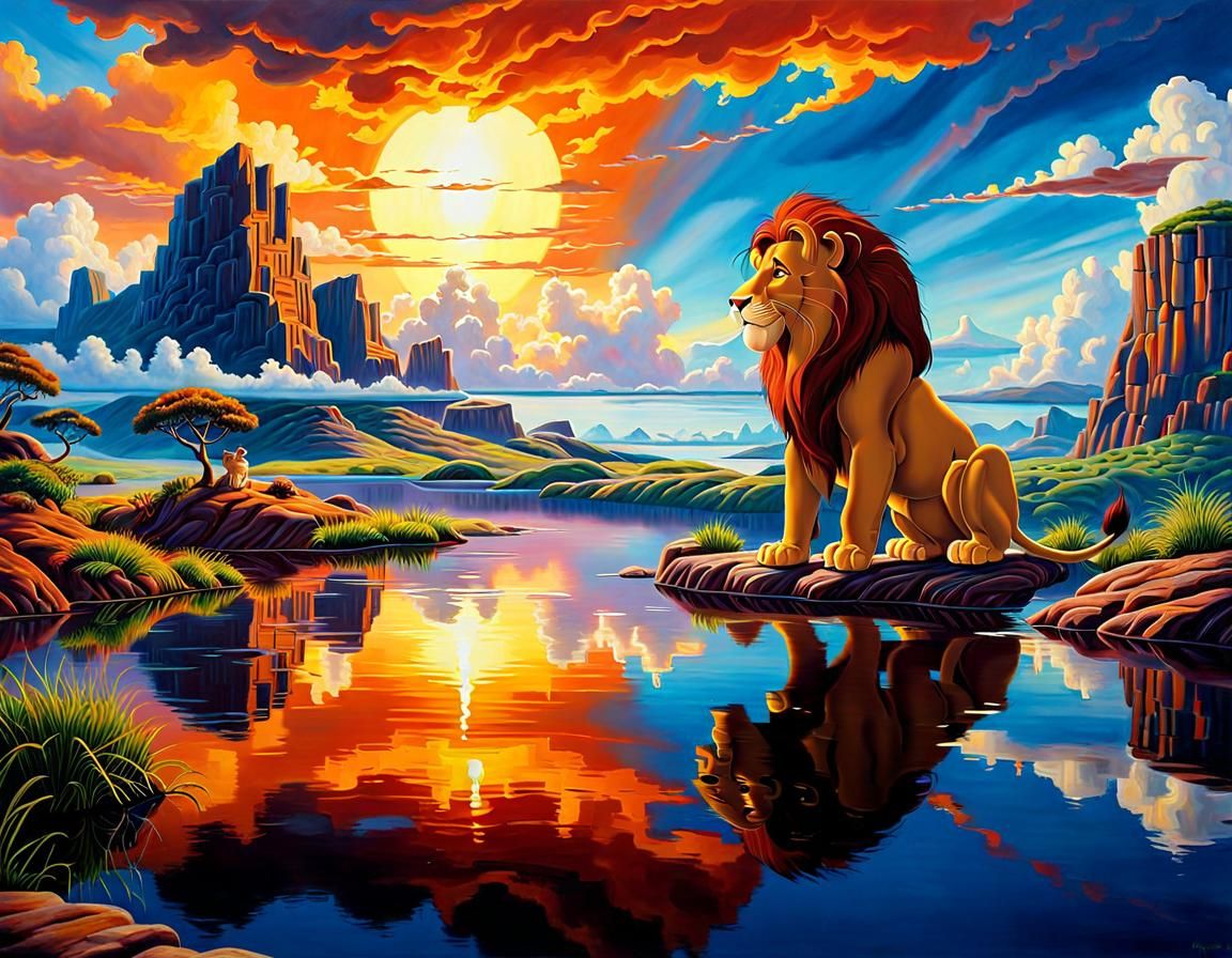 Simba's Reflection: Hyperrealistic Oil Painting