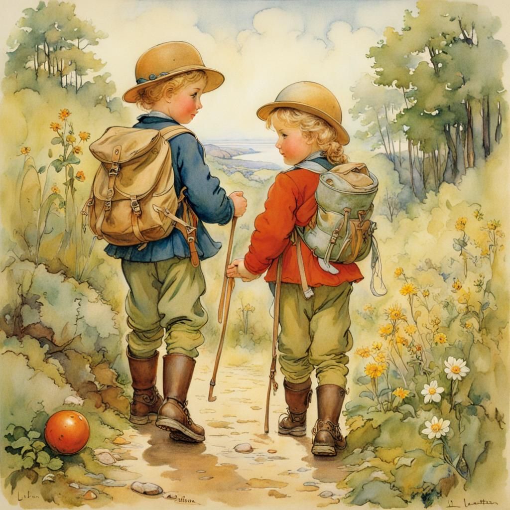 Children's Hike, Naive Art Illustration