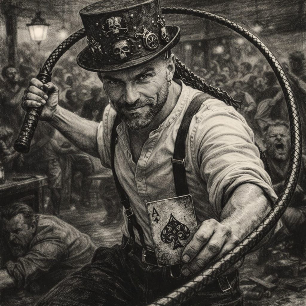 Hyperrealistic Man in Steampunk Hat in Bar Brawl