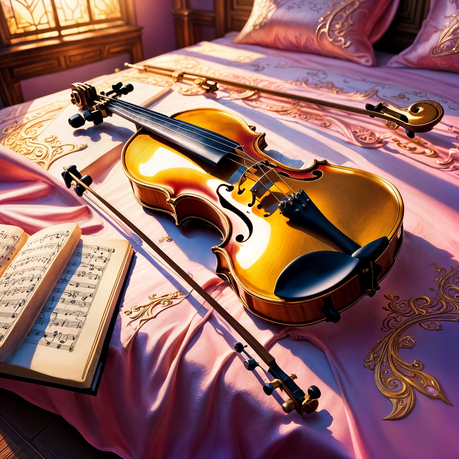 Golden Elven Violin on Pink Bed: Digital Matte Painting