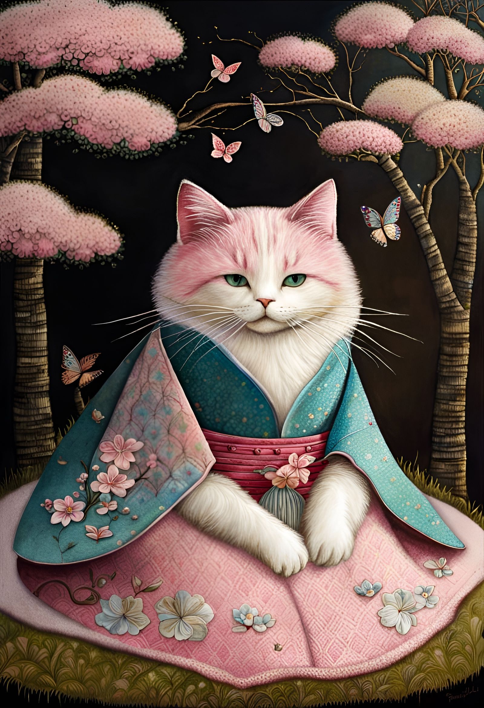 Pink Kimono Cat in Patchwork Fairy Landscape