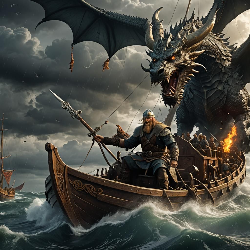 Viking Drakkar with Dragon, Dark Fantasy Concept Art