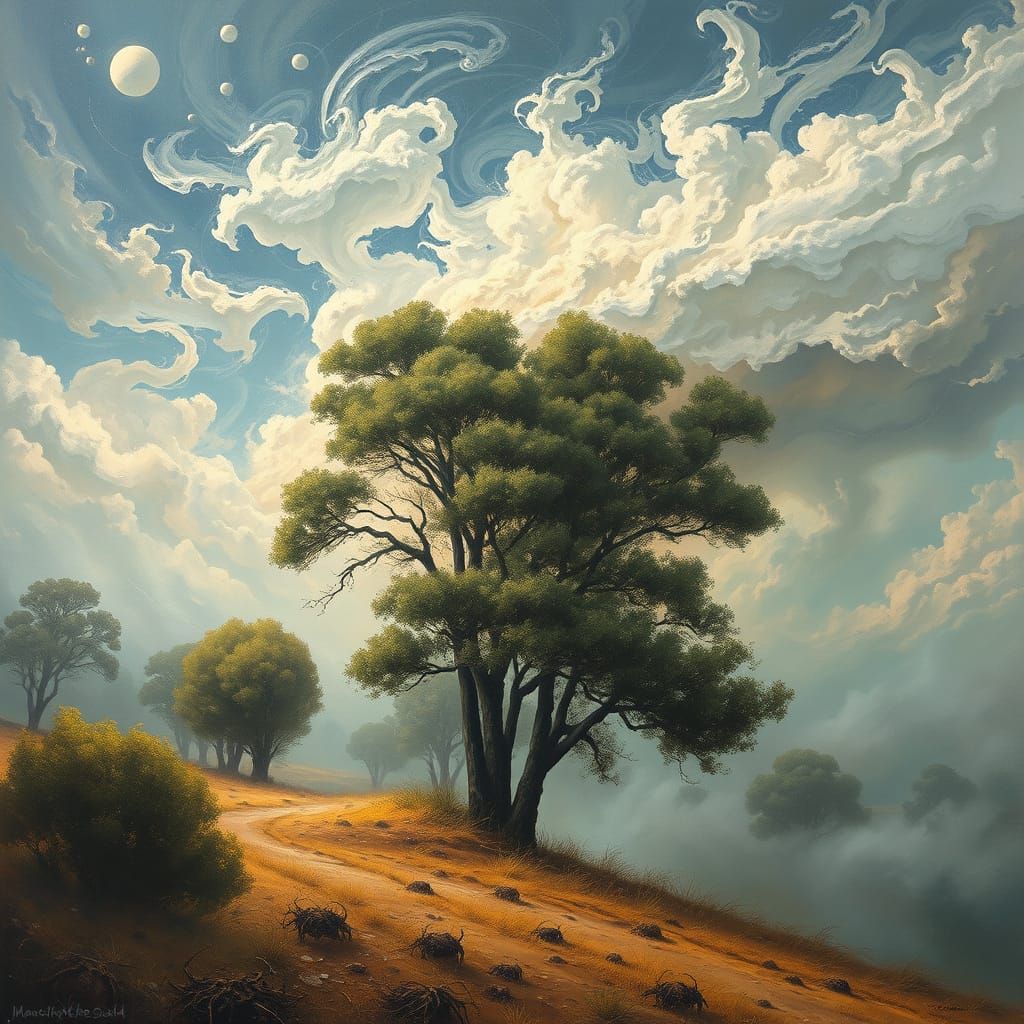 Sci-Fi Ethereal Painting of Trees Swaying in Wind