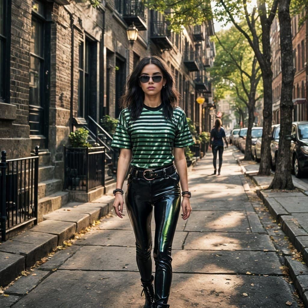Woman with Green Streaks in City Street Scene