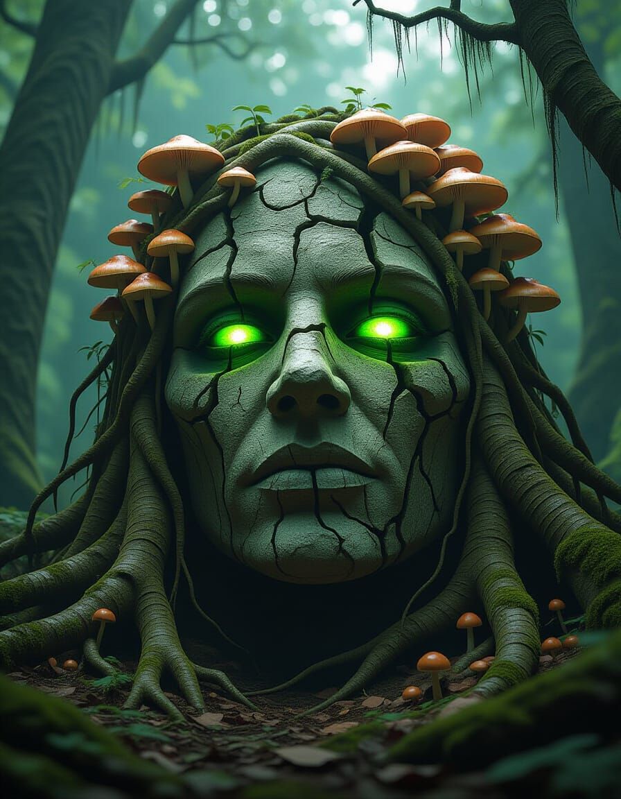 Baba Yaga Stone Head in Witch-Forest Horror Style